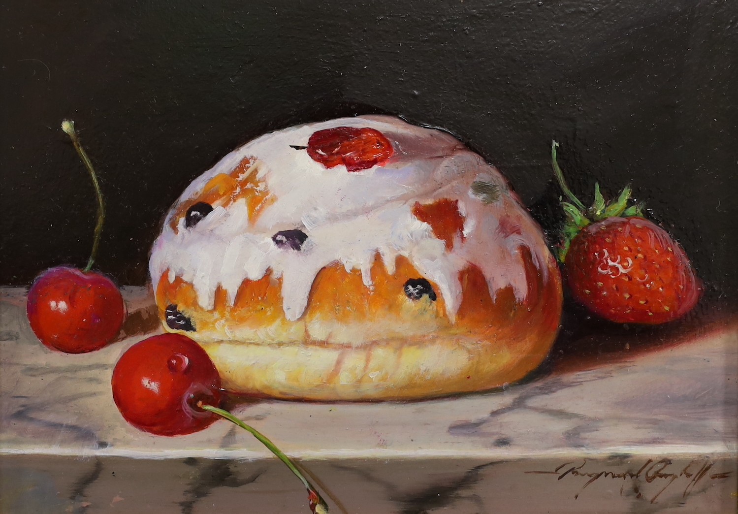 Raymond Campbell (b.1956),oil on board, 'Iced Bun with Cherries', signed, 14 x 19cm